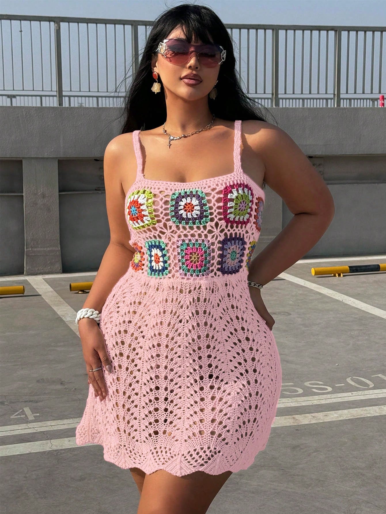 Plus Size Women's Floral Crochet Holiday Style Summer Spaghetti Strap Dress