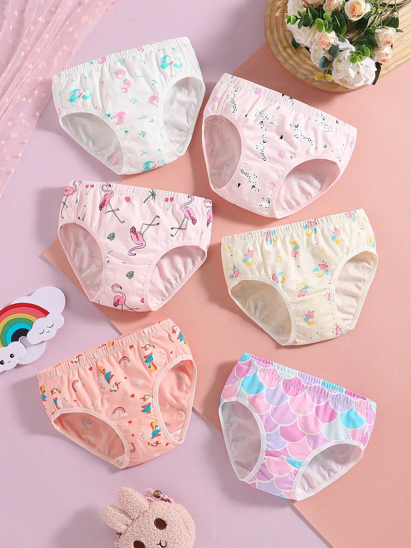 Young Girl Cute Unicorn & Heart Printed Scale Detail Underwear 6pcs/Pack