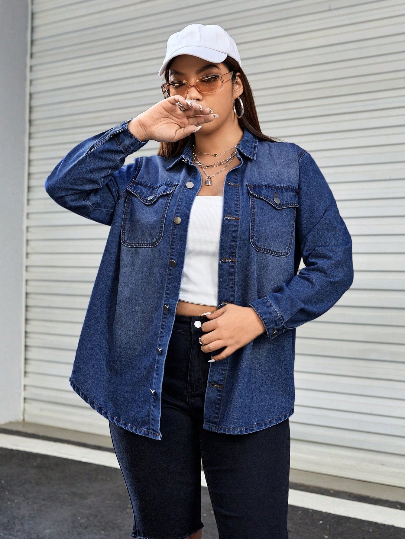 Plus Size Front Buttoned Denim Shirt With Pockets, Long Sleeve