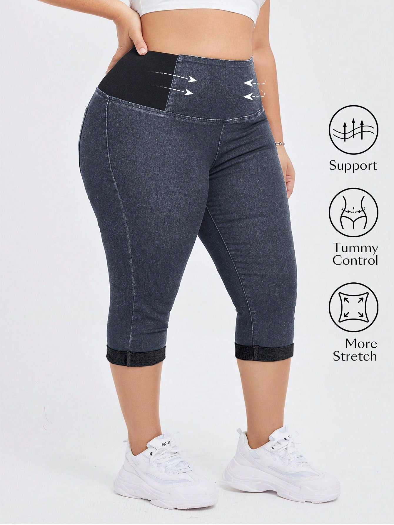 Plus Size High Waist, Elastic And Tight-Fitting Belly Control Skinny Denim Capris Mid-Length Jeans