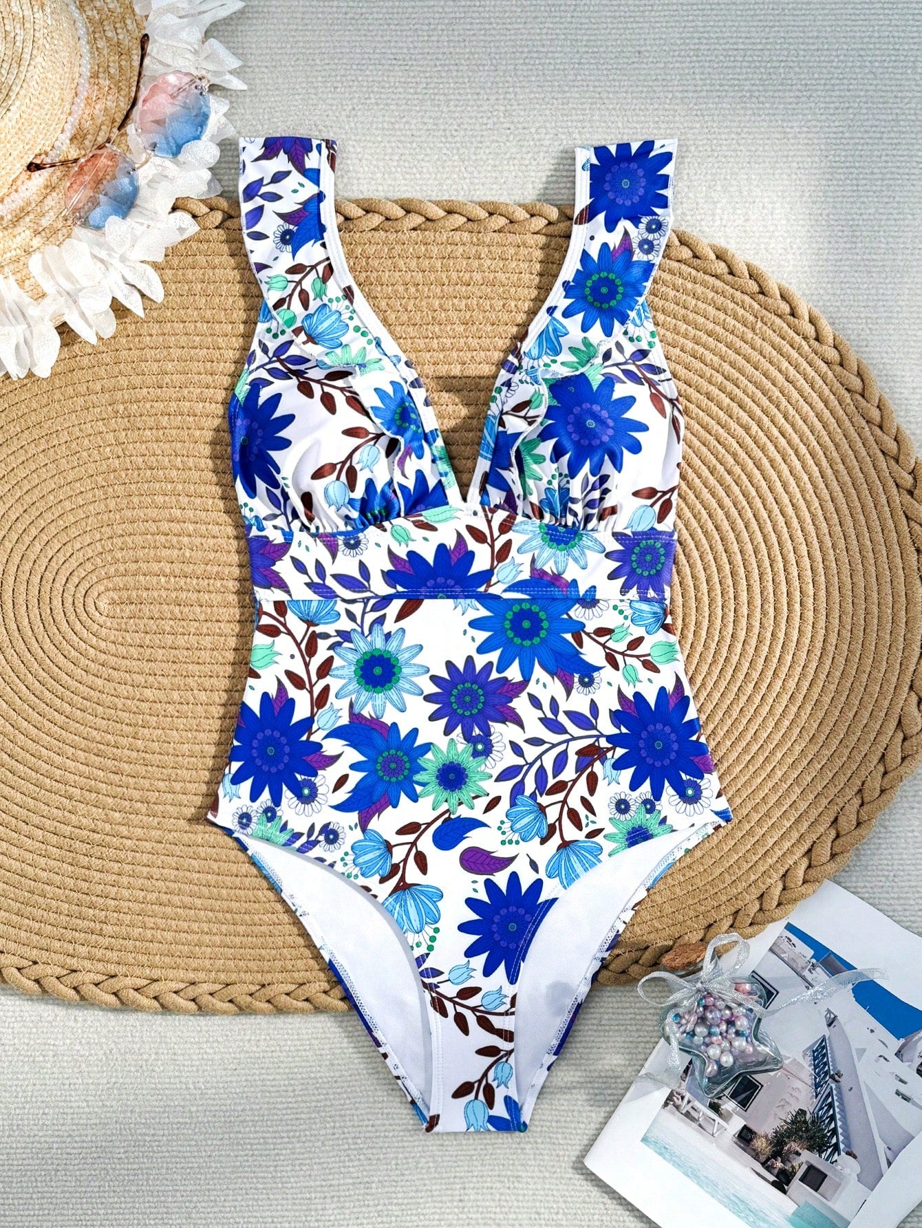 Swim Summer Beach Ladies' One-Piece Swimsuit With Floral Print And Frill Edges