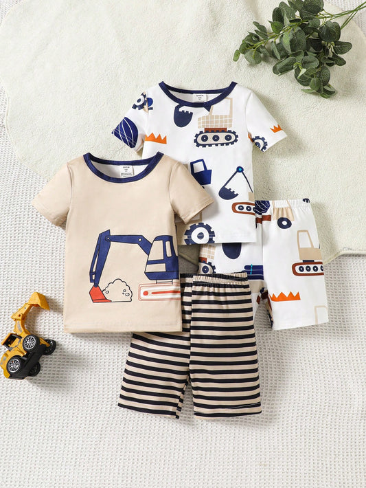 2pcs Toddler Boys' Simple Striped Firetruck & Taxi Print Short Sleeve T-Shirt And Shorts Snug Fit Casual Outfit Set