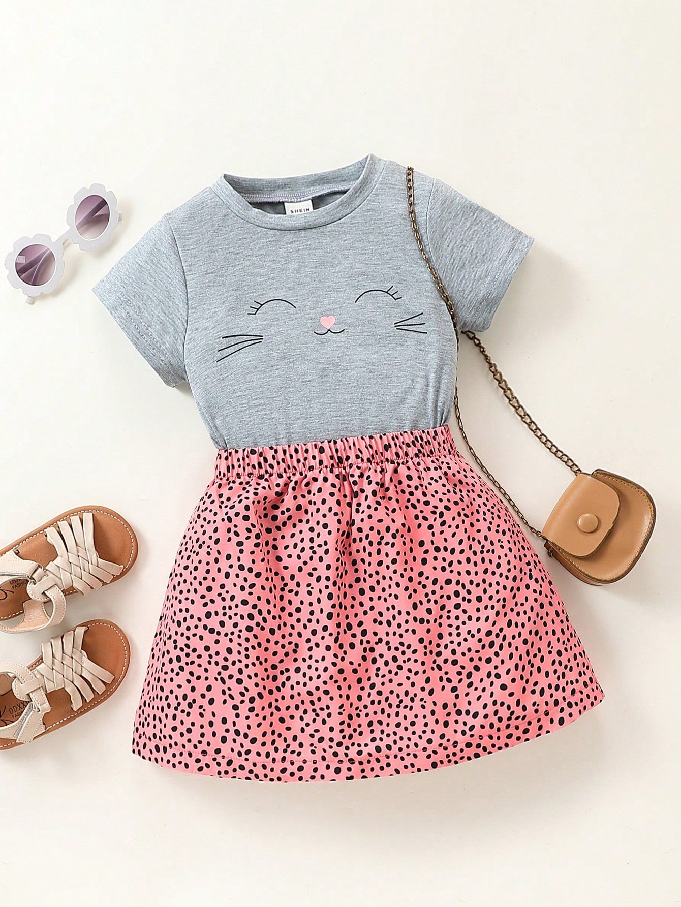 Young Girl Cartoon Graphic Tee & Confetti Print Skirt