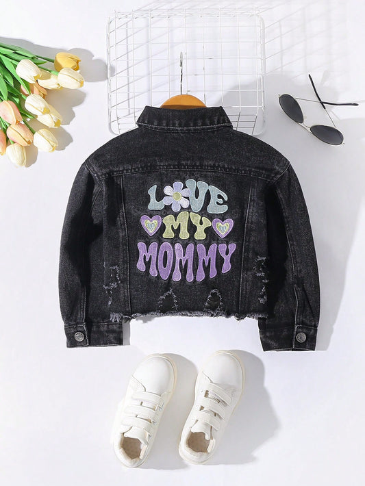 Streecool Kids Girls Casual Fashion Letter Embroidered Ripped Denim Jacket