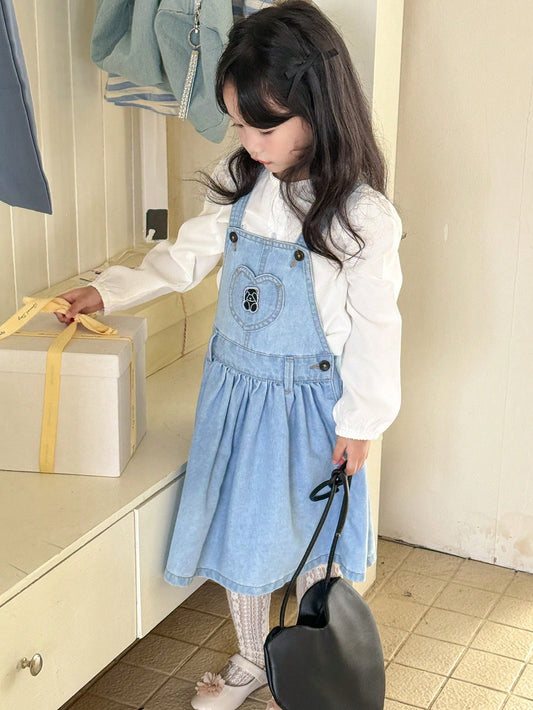 Kids Young Girl Summer Casual Denim Dress With Teddy Bear Pattern, Sleeveless