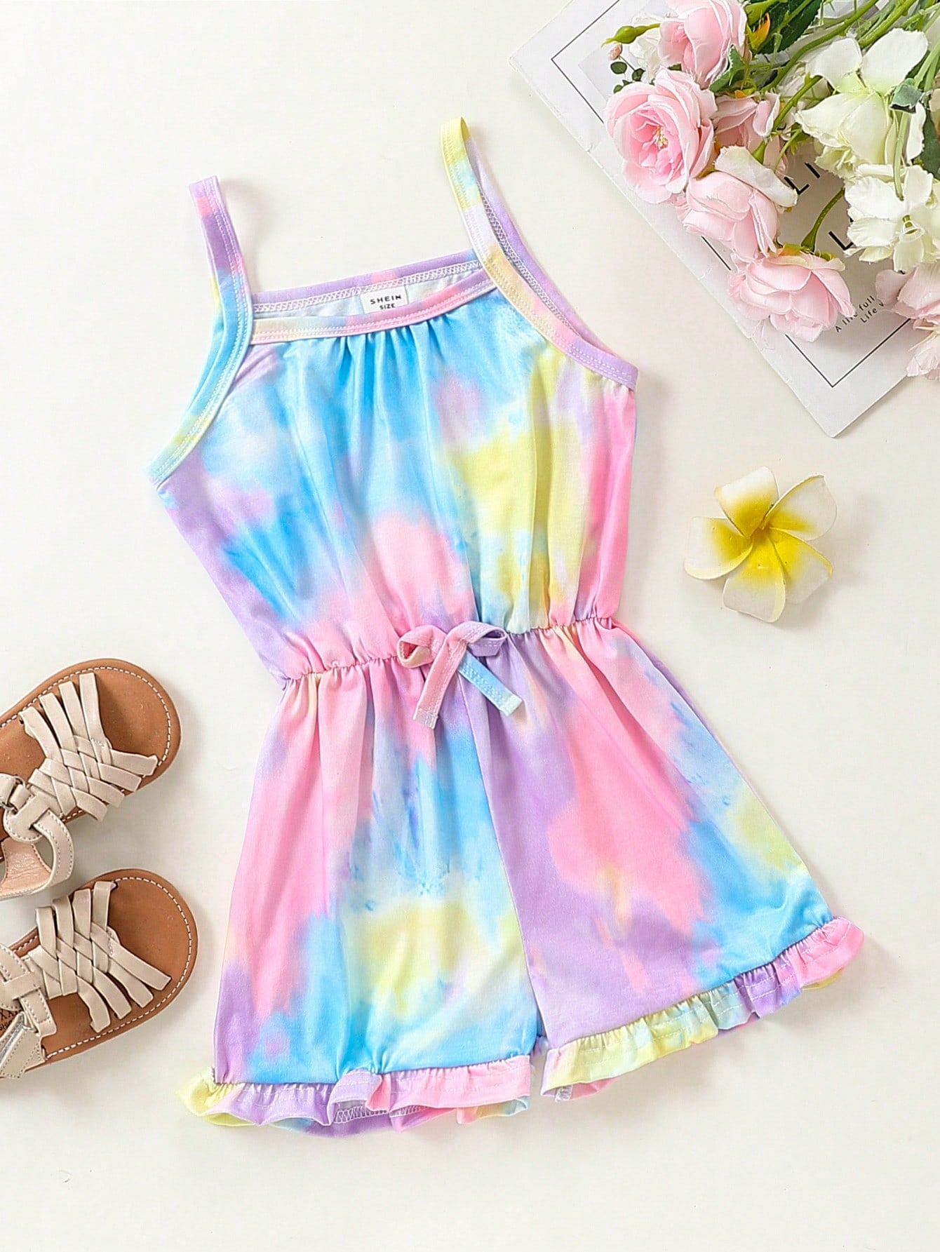 Young Girl Allover Print Ruffle Hem Cami Romper