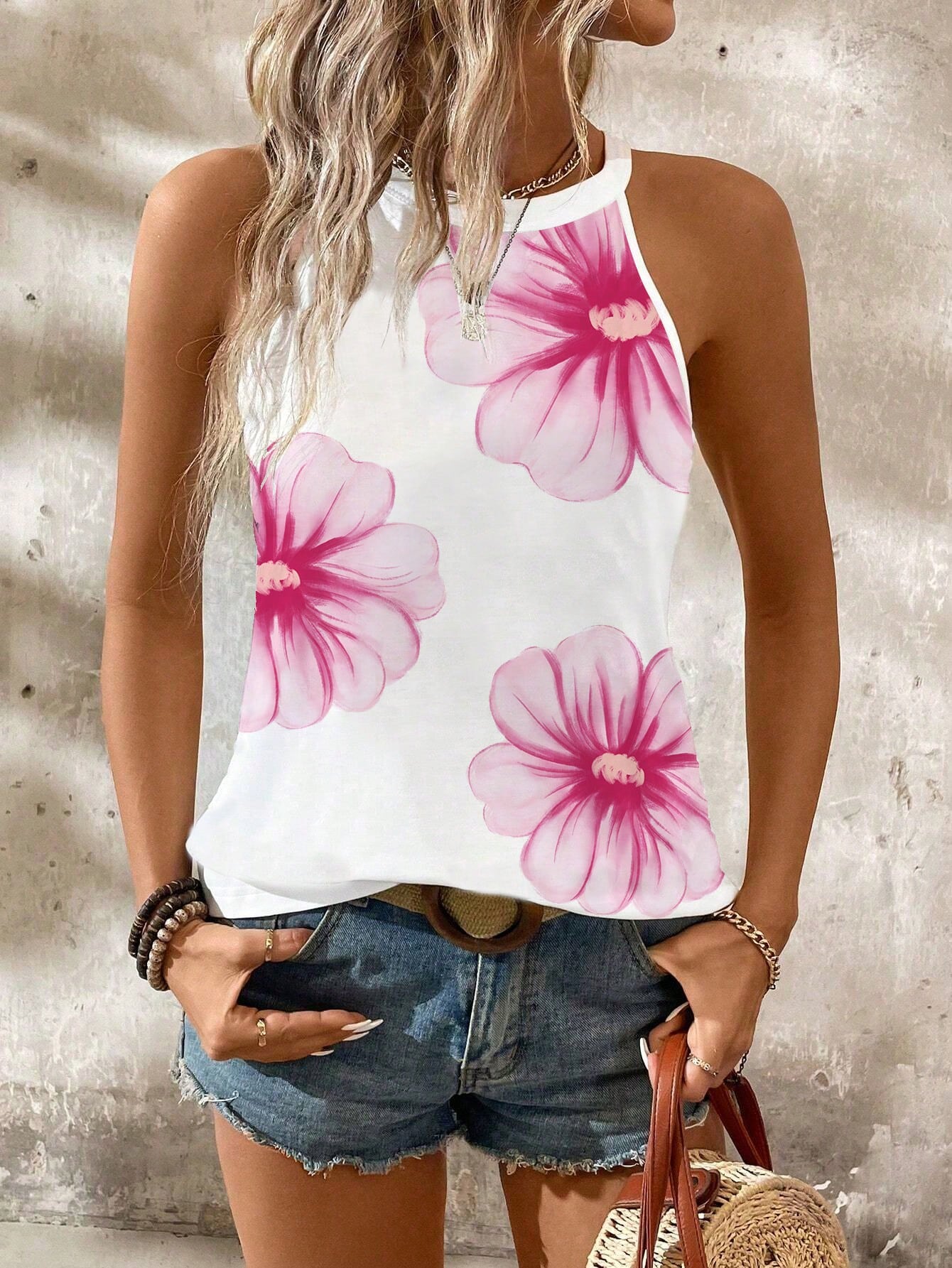 Women's Striped Printed Summer Casual Tank Top With Halter Neck