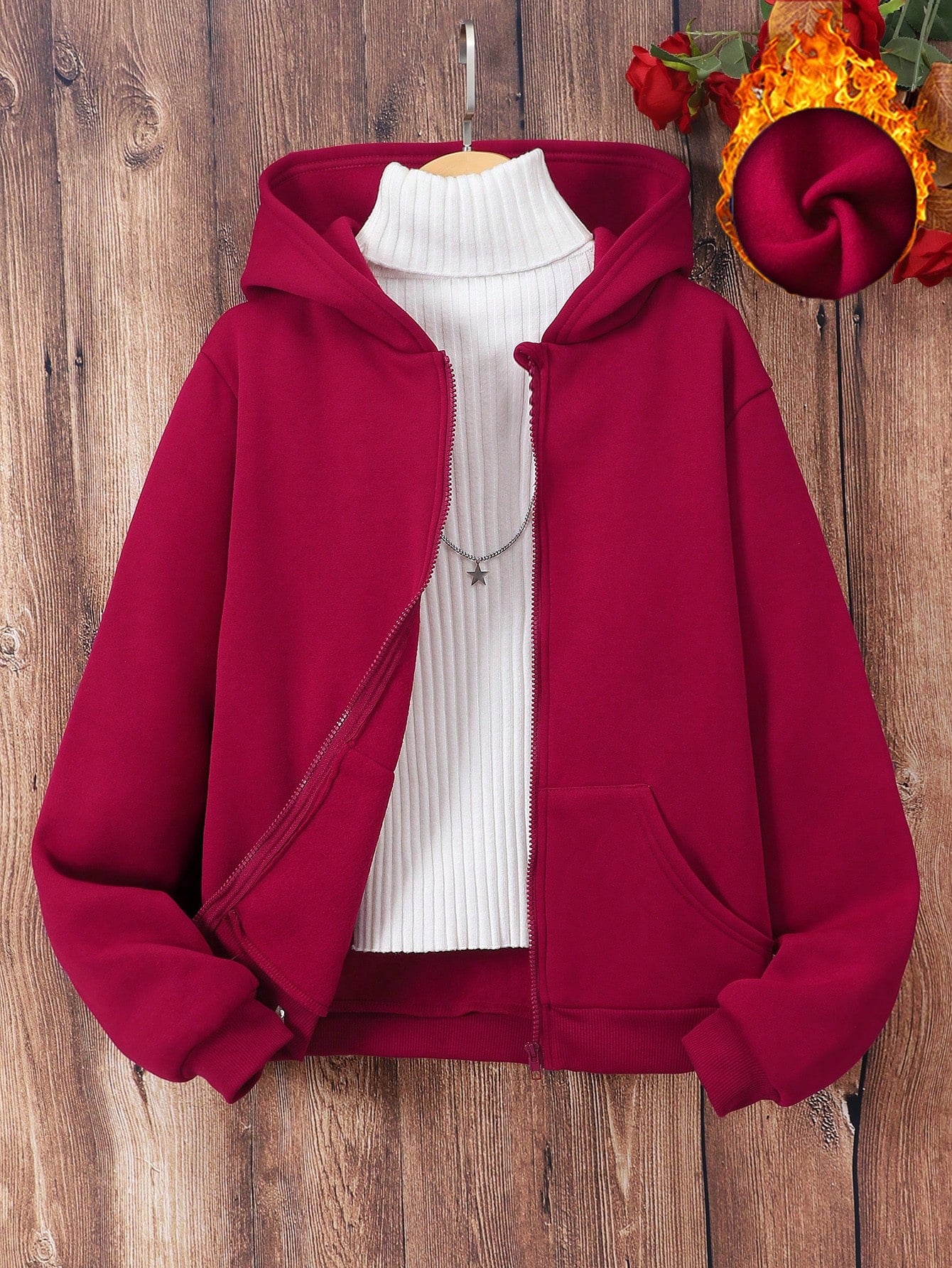 Teen Girl Zip Up Thermal Lined Hoodie Without Sweater