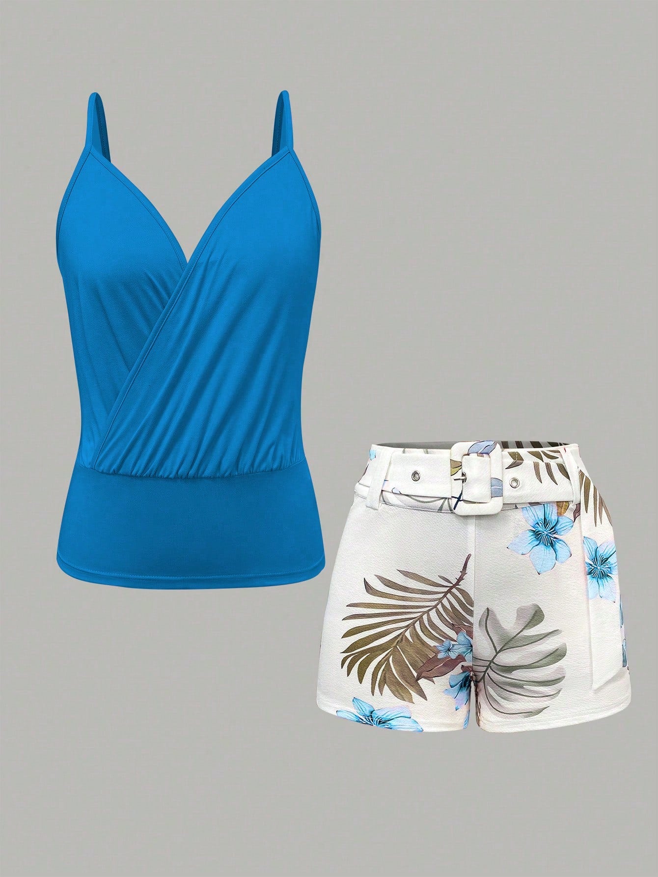 Women Solid Color Criss-Cross Wrapped Strap Camisole Top + Floral Printed Shorts Two-Piece Set