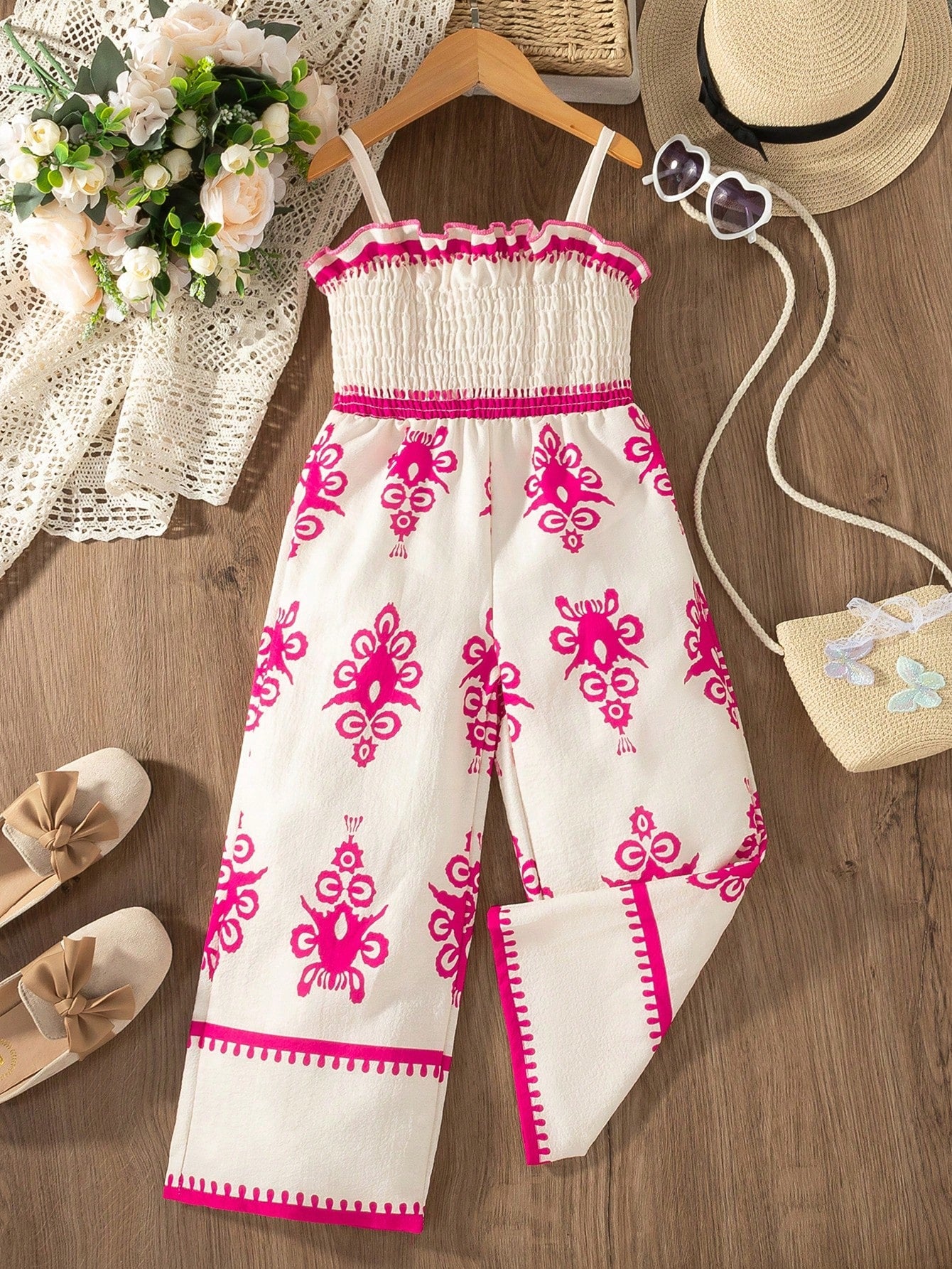 Young Girl Vintage Bohemian Texture Holiday Jumpsuit, Comfortable And Breathable Fabric With Flattering Drapes, Black & White Totem Ethic Printed, Simple Yet Elegant And Suitable For Spring/Summer Parties, Outings And Vacations