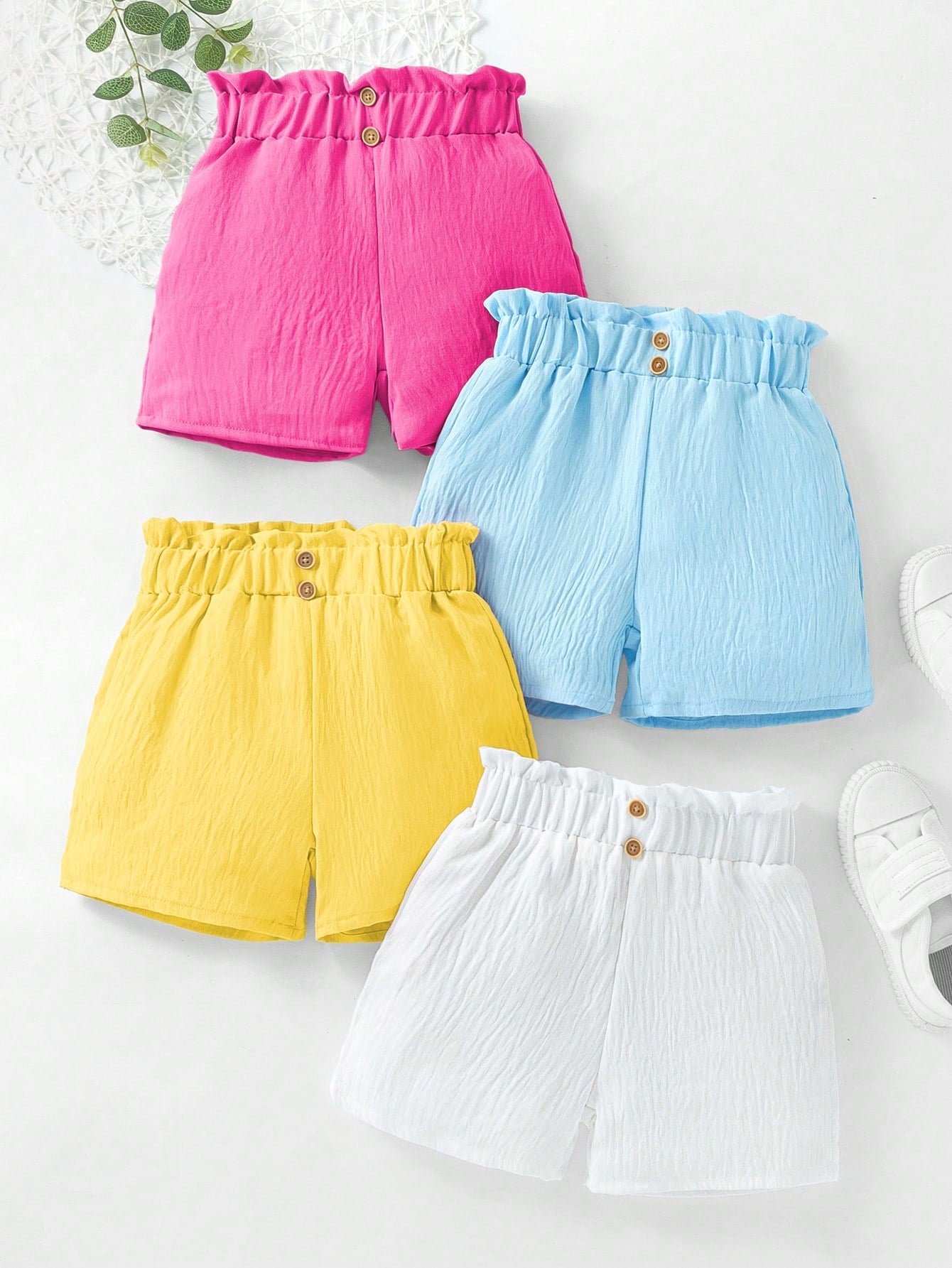 Young Girls' Simple Style Casual Elastic Waistband Shirred Shorts Four-Piece Set For Summer