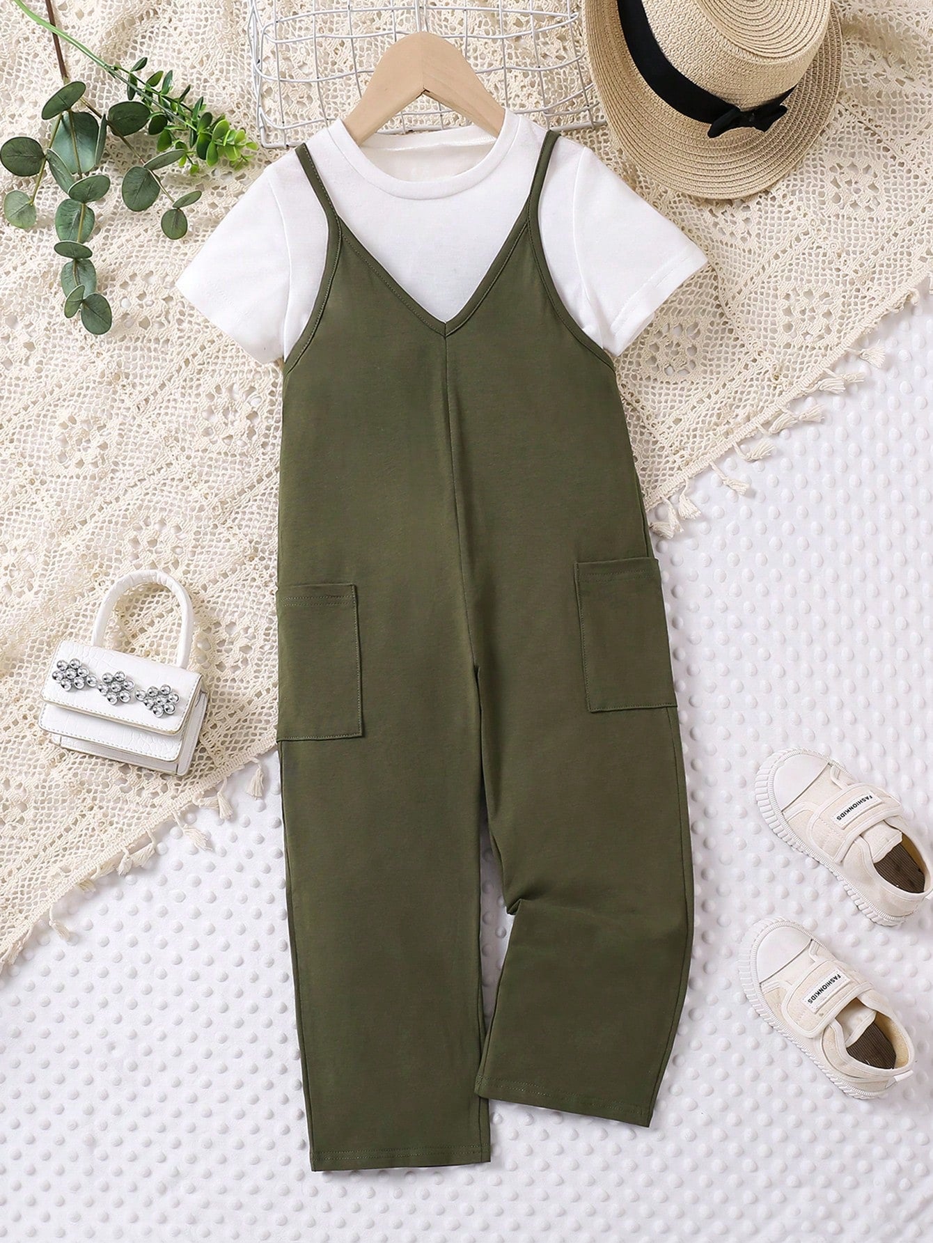 Young Girls Solid Color Simple Daily Jumpsuit