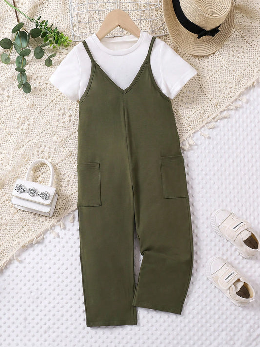 Young Girls Solid Color Simple Daily Jumpsuit