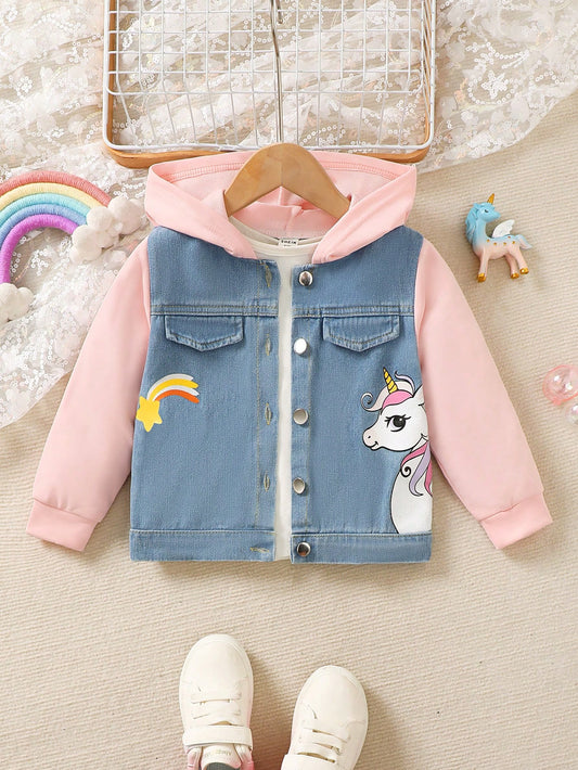 Girls' Fashionable Unicorn Pattern Denim Hooded Personality Patchwork Jacket For Little Girls