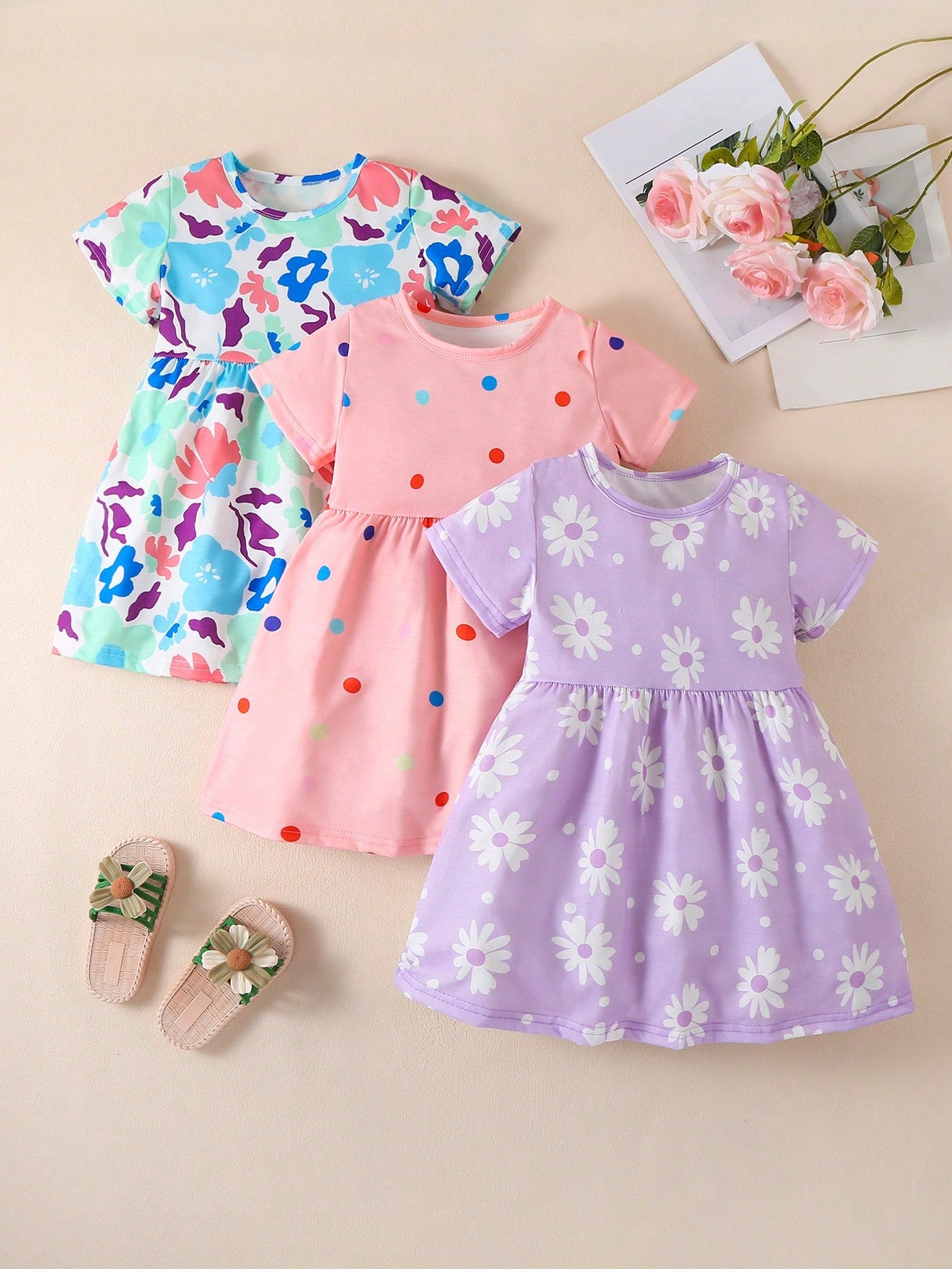 Young Girl 3pcs Striped & Sunflower Print Dress