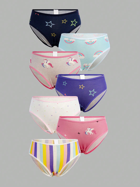 Young Girl's 7-Pack Knitted Comfortable, Soft And Breathable Triangle Panties With Unicorn, Multicolor Stripes And Stars Patterns