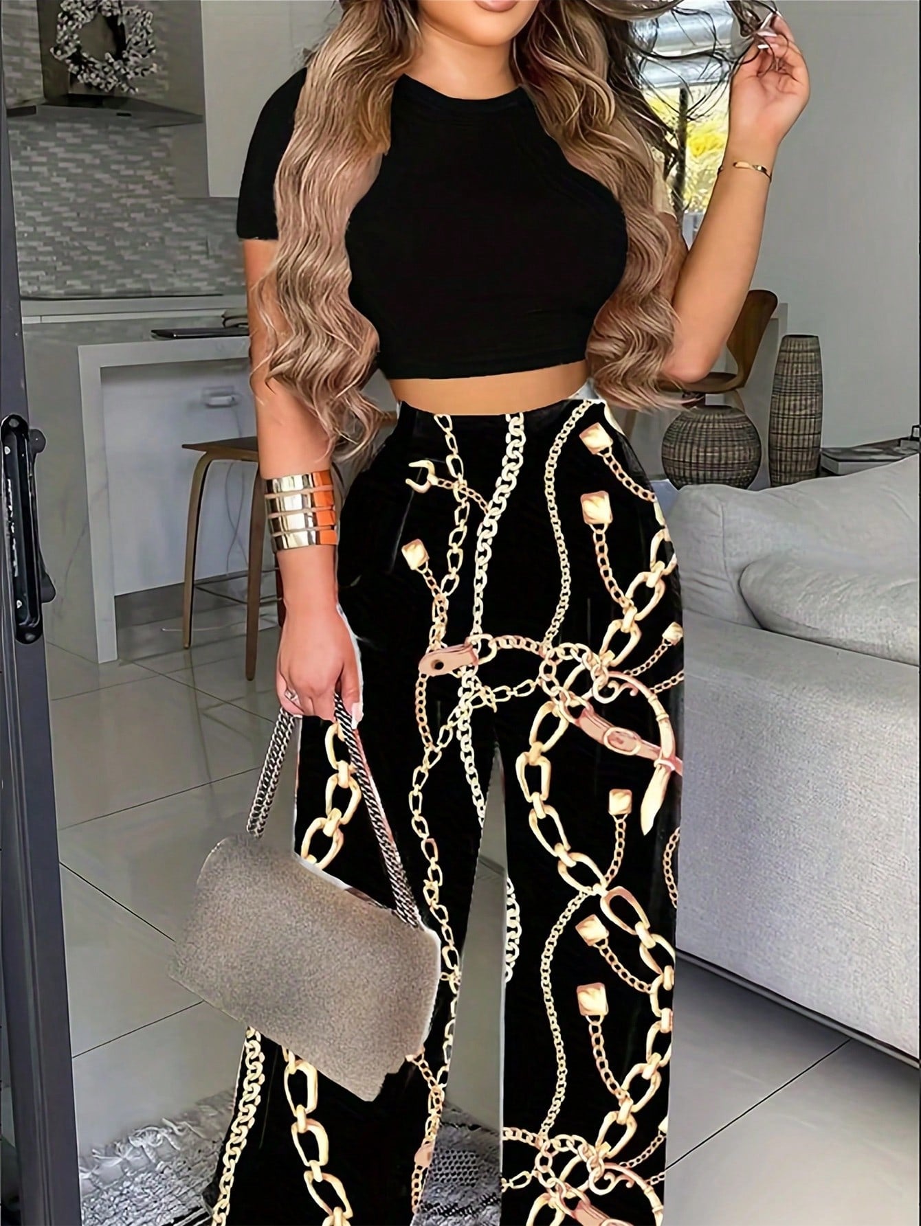 Women Flower Print Crop Top And Plant Print Long Pants Set For Spring/Summer