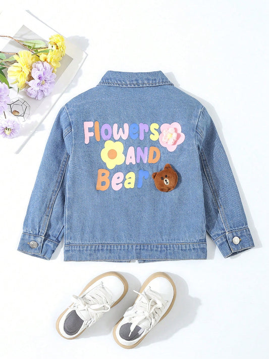 GIRLS Vintage Casual Teddy Bear Applique Crochet Flower Patchwork Jacket With Dopamine Color Slogan Bubble Sleeves, Must-Have Fashionable Versatile Item