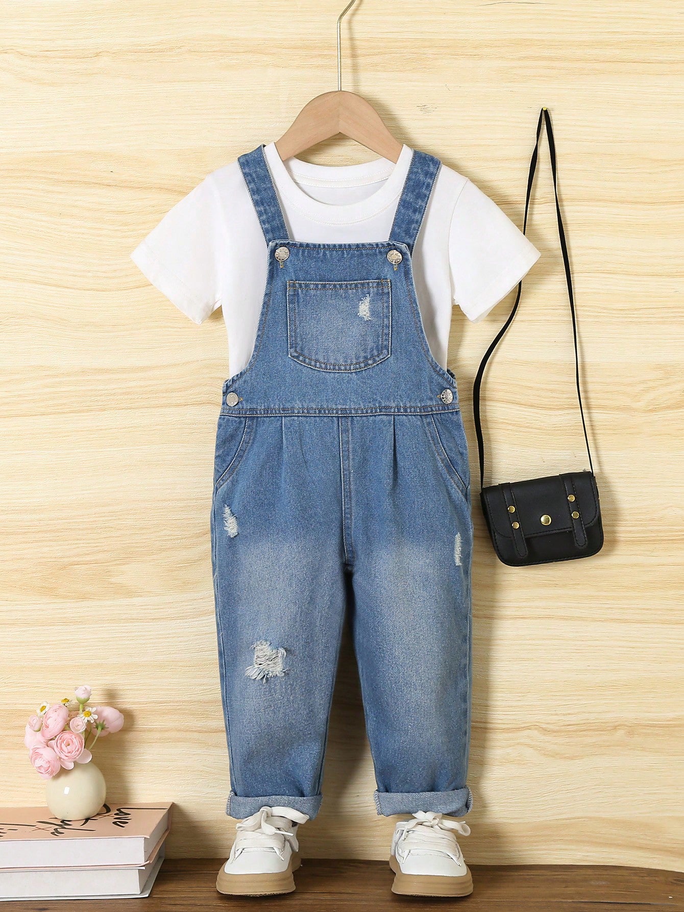 Girls' Comfortable Water Washed Casual Distressed Denim Overalls For Street Fashion