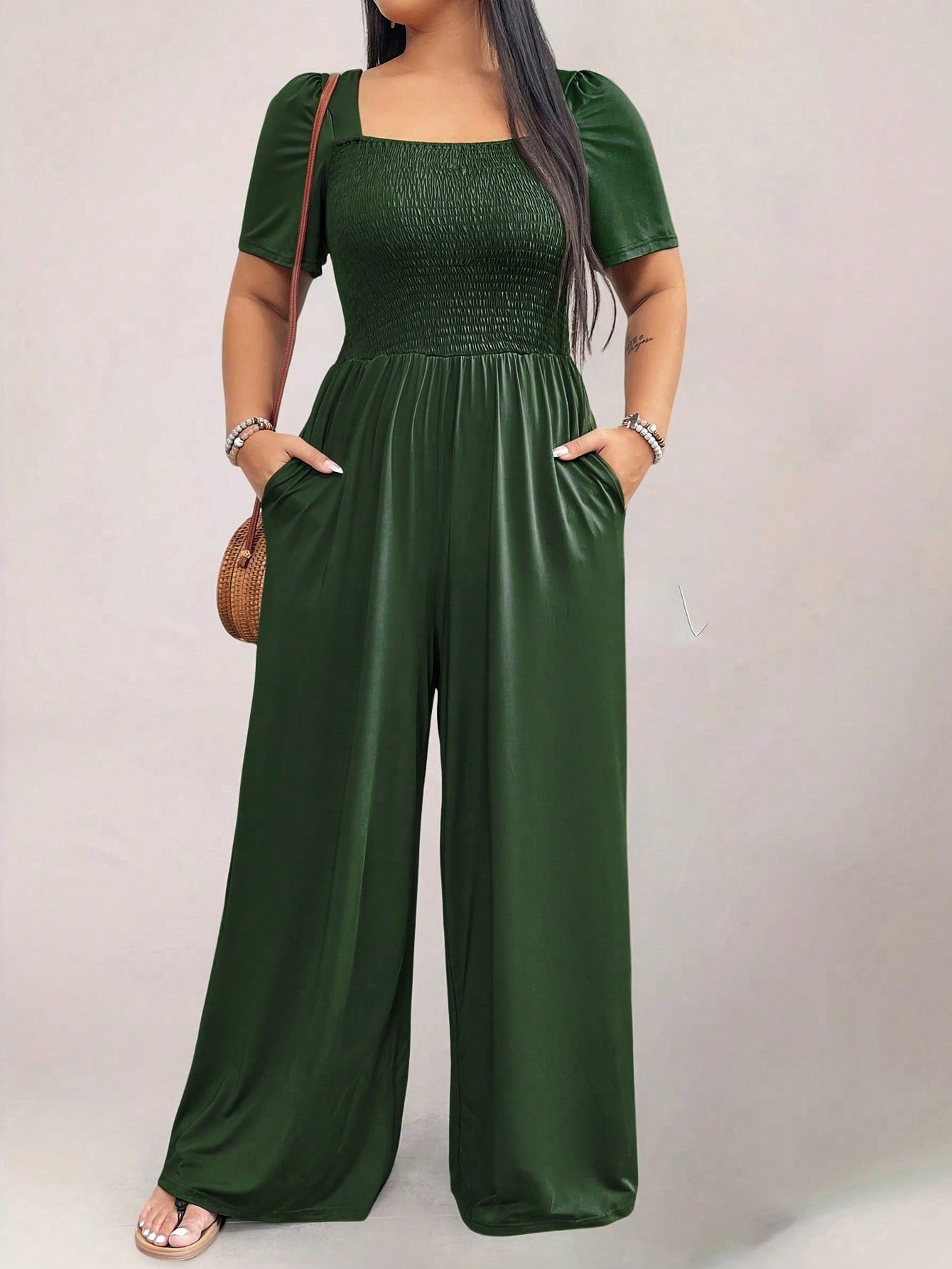 Plus Size Square Neck Loose Fit Short Sleeve Jumpsuit With Pockets