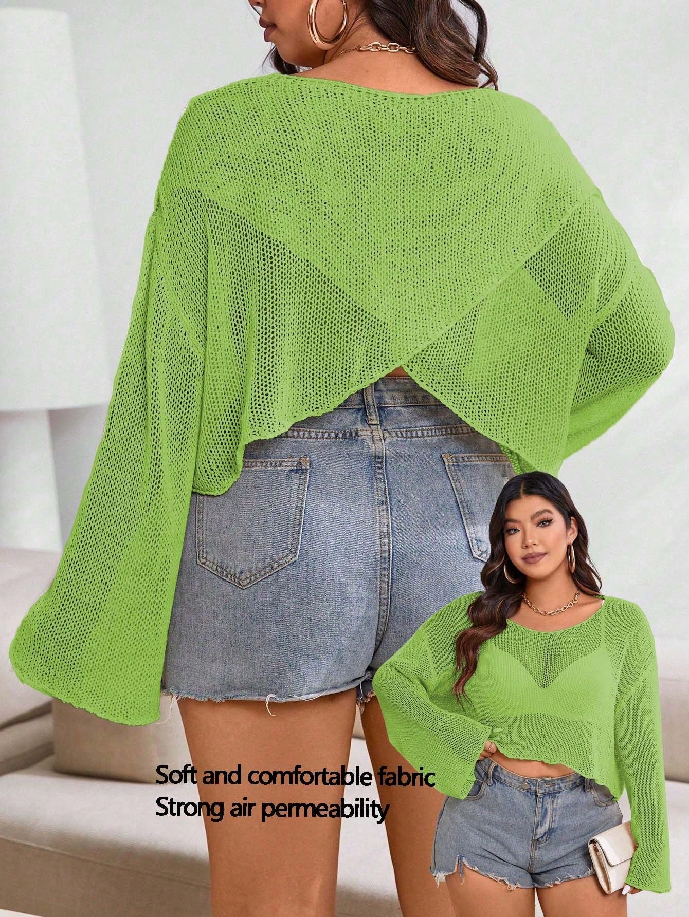 Plus Size Casual Solid Color Wrap Bell Sleeve Drop Shoulder Cropped Sweater, Spring/Summer