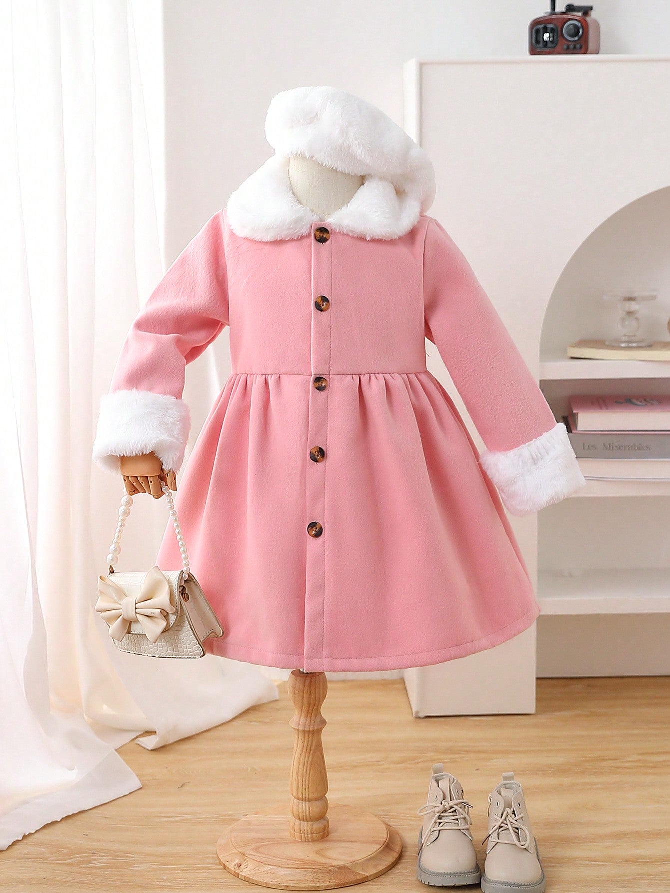 Girls' Fashionable Elegant Retro Ladylike Simple Princess Comfortable And Warm Outwear, Suitable For Streetwear, School, Daily Wear, Autumn And Winter, Pink/White, Woolen Material With Faux Fur