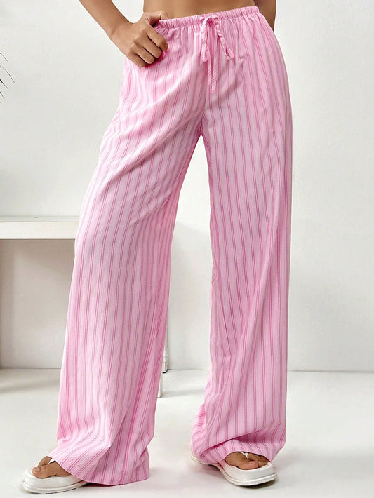 Tween Girls' Loose-Fitting, Casual, Simple And Comfortable Pink Wide Stripe Wide Leg Pants With Loose Ties