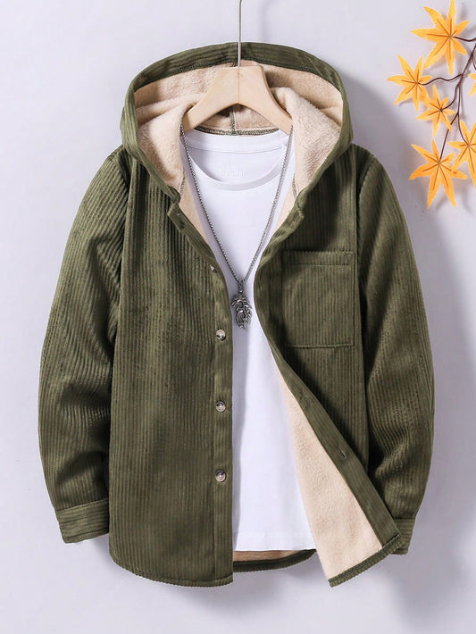 Solid Color Corduroy Hooded Long Sleeve Coat With Front Button And Pockets For Tween Boys, Suitable For Autumn And Winter