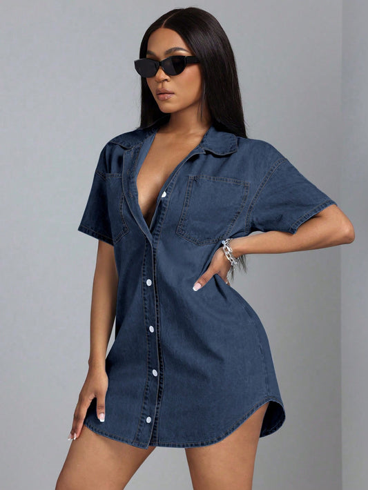 Ladies' Short Sleeve Denim Mini Dress With Lapel Collar, Front Buttons And Pockets, Casual Daily Wear