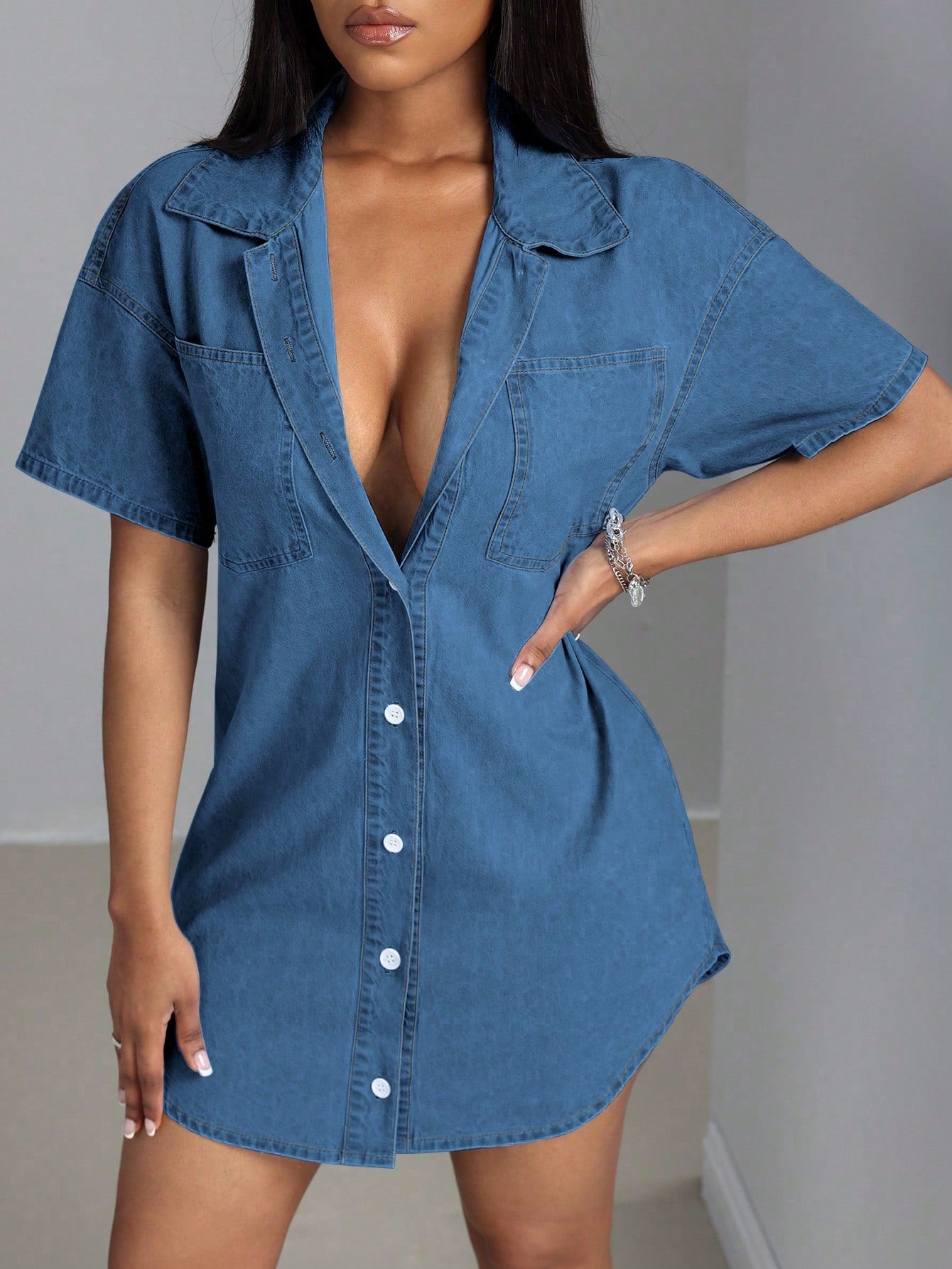 Ladies' Short Sleeve Denim Mini Dress With Lapel Collar, Front Buttons And Pockets, Casual Daily Wear