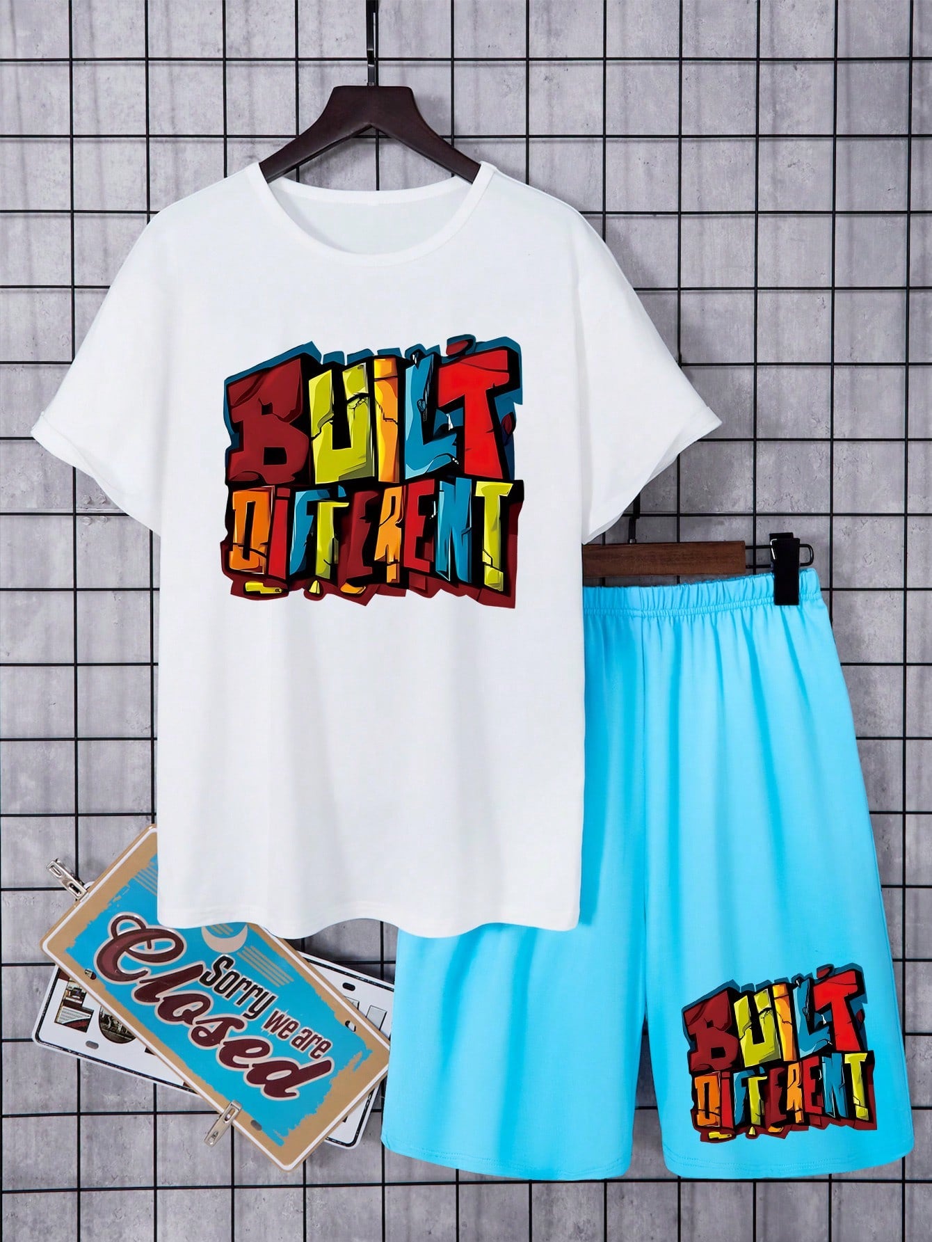 Teen Boys' Letter Printed Casual Short Sleeve T-Shirt And Shorts Set