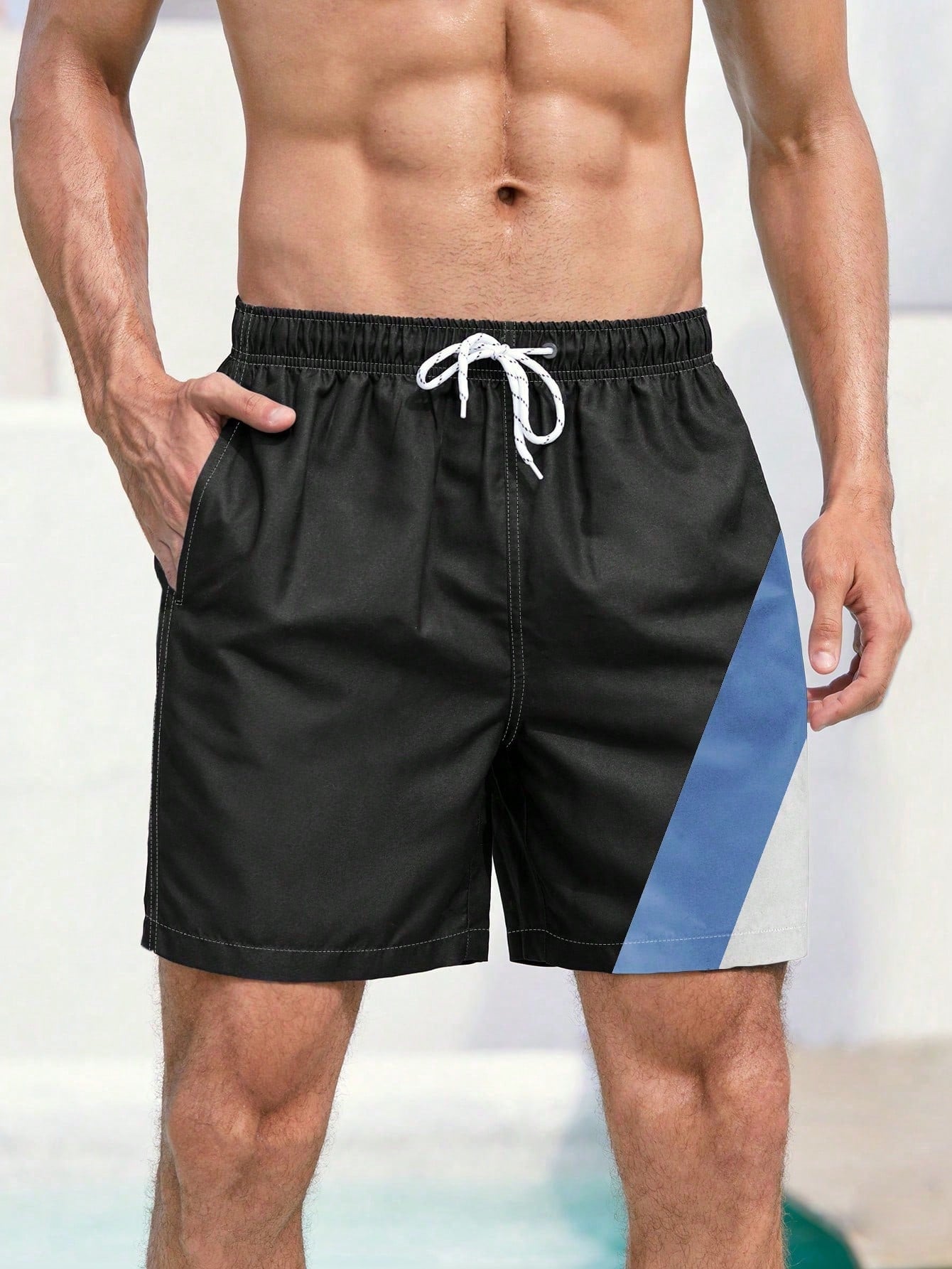 Men Contrast Panel Drawstring Waist Swim Trunks