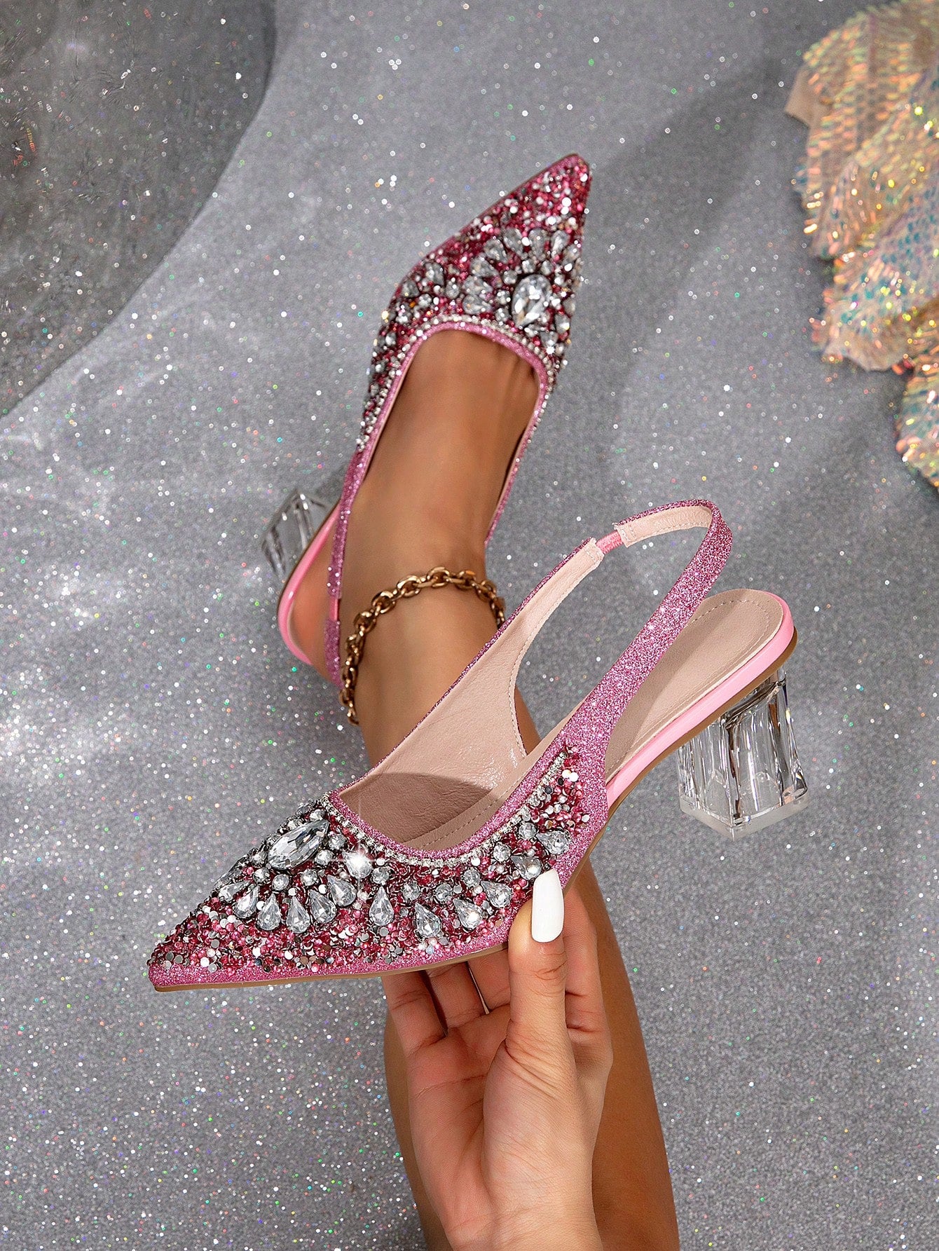 Women's Pointed Toes High Heeled Shoes With Rhinestone Decoration, Crystal Heels, Adjustable Ankle Straps, Gorgeous And Elegant Summer Sandals, Suitable For Use As High Heels