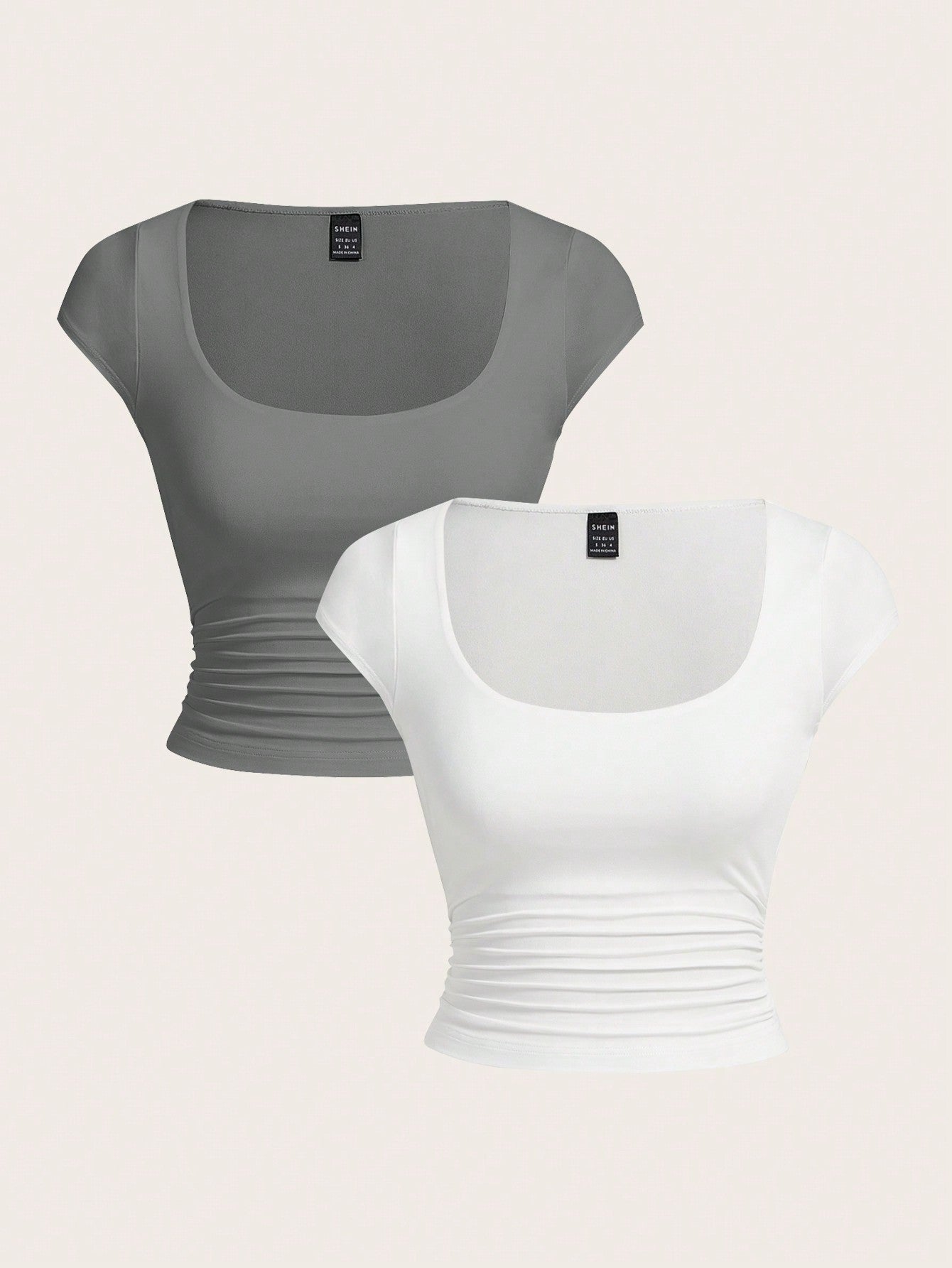 2pcs/Set Black And White Square Neck Bodycon Casual Waist-Ruched Short Sleeve Women's T-Shirt