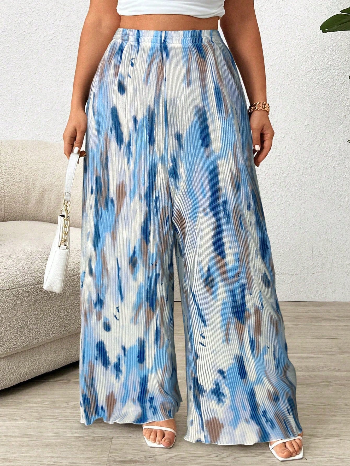 Frenchy Plus Size Women's Tie Dye Pleated High Waist Wide Leg Loose Pants