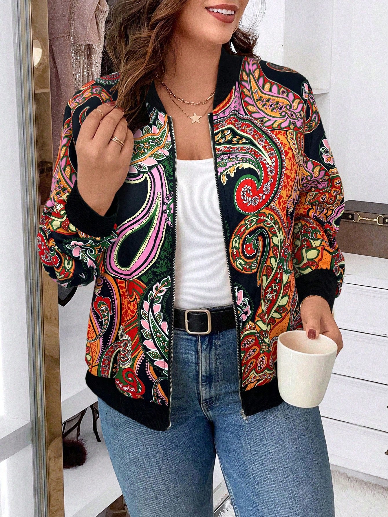 Plus Size Women's Vintage Style Print Basic Daily Long Sleeve Jacket