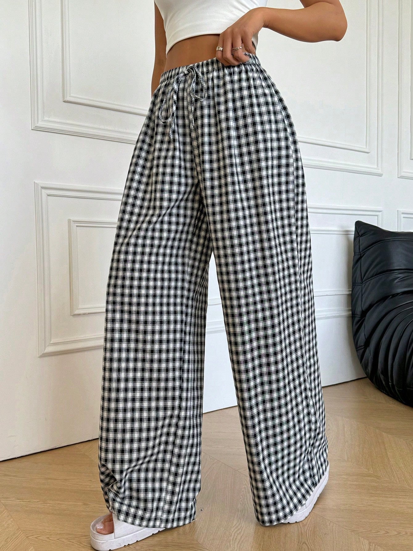 Loose Striped Wide-Leg Pants With Front Tie, Casual Wear