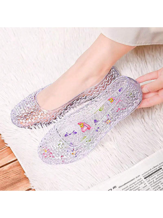 Women Low-Heel Jelly Closed Toe Sandals Wedge Anti-Slip Crystal Hollow-Out Shoes