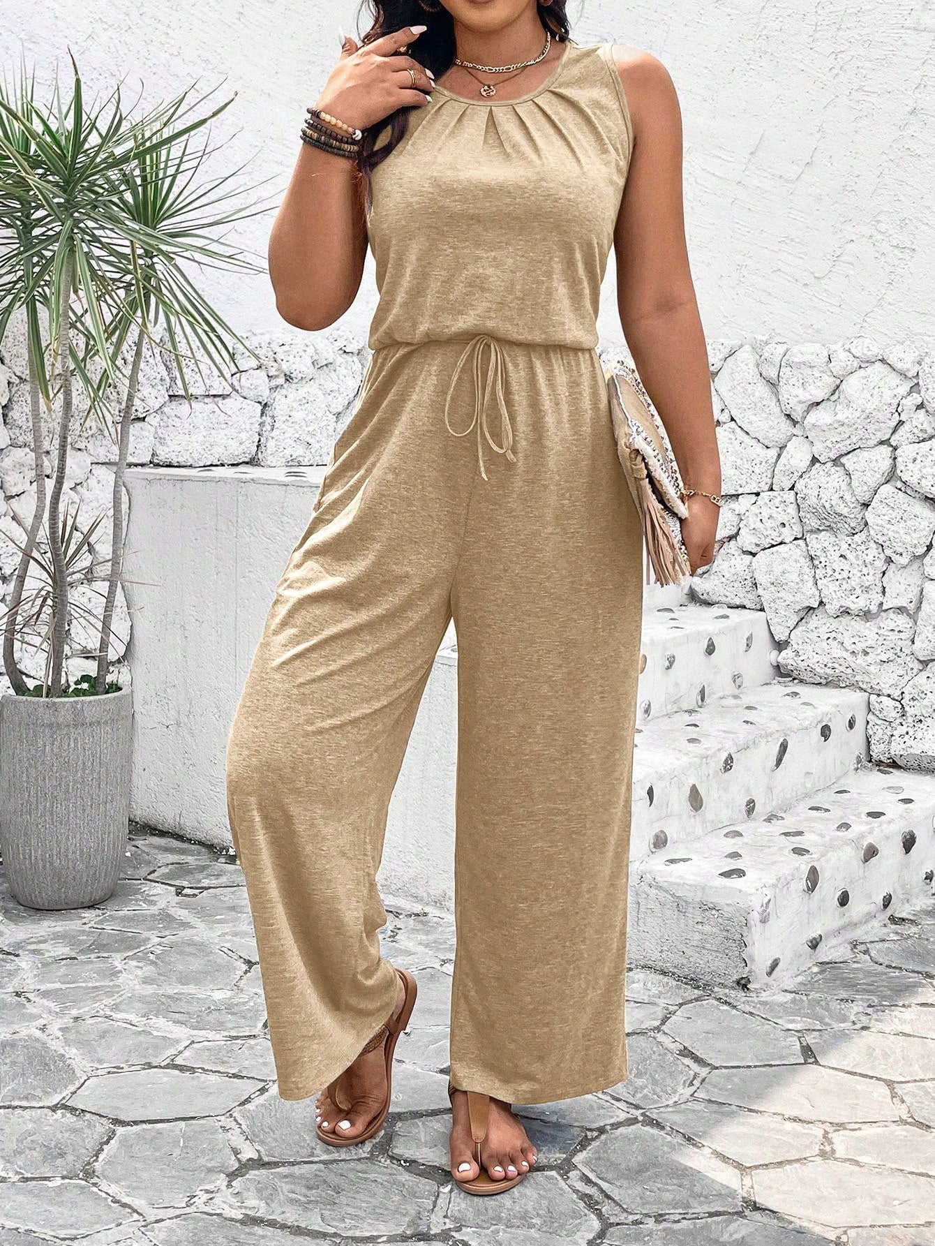 Plus Size Summer Solid Color Round Neckline Tie Front Sleeveless Jumpsuit