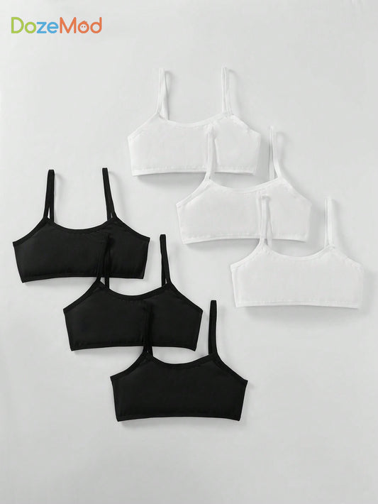 6pcs Tween Girls' Simple & Comfortable Wire-Free, Padding-Free, Spaghetti Strap Black & White Camisole Bra