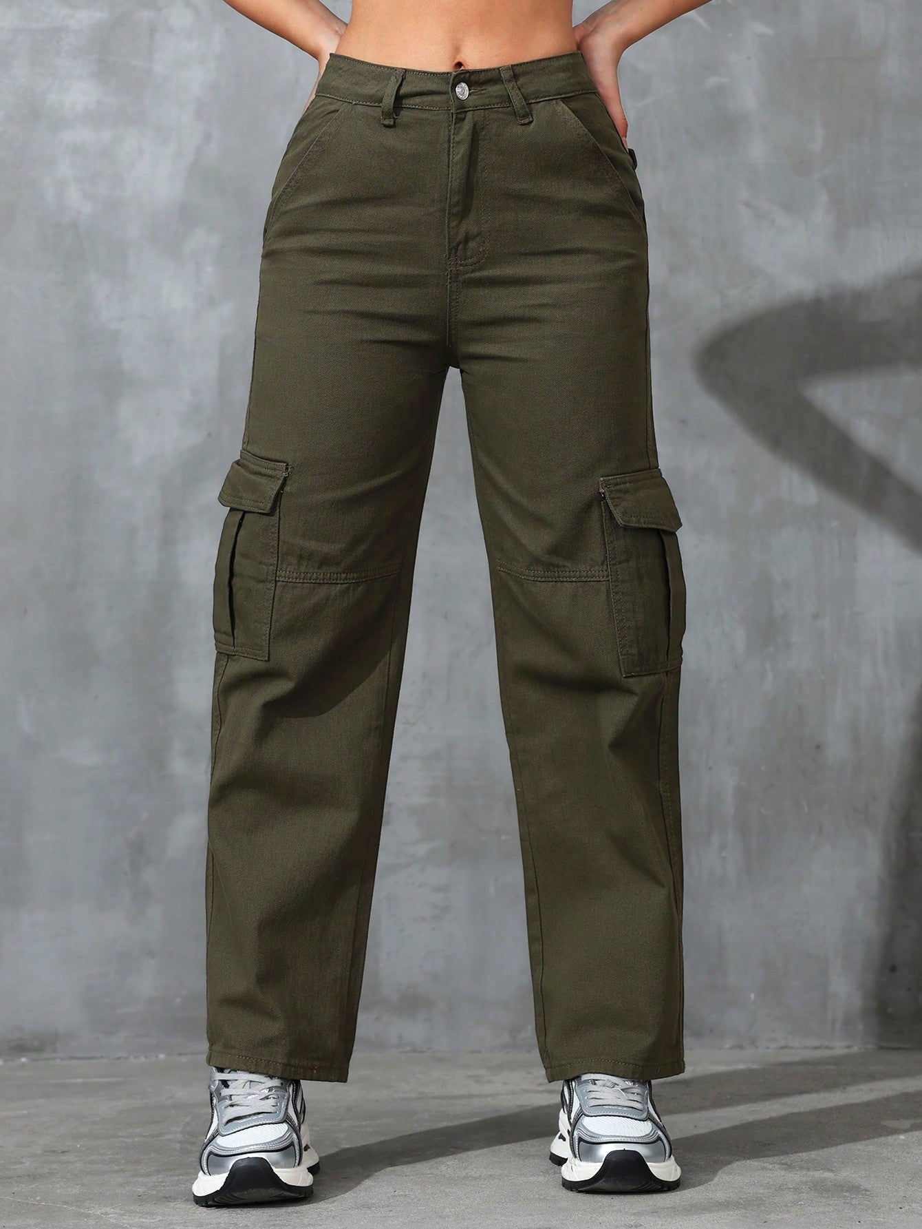 Solid Color Cargo Denim Pants