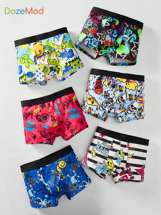 6pcs Fun Cartoon Pattern Knitted Comfortable Breathable Boxer Briefs For Tween Boys