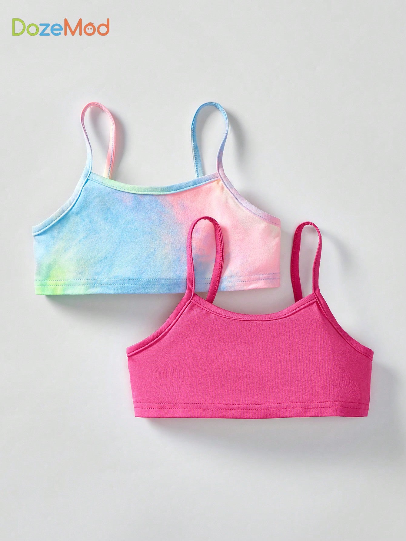 Young Girl 2pcs/Set Colorful Tie-Dye Pattern Solid Color Knitted Comfortable Breathable Tank Top Crop Top And Underwear, With  Straps