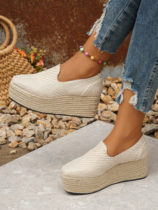 Canvas Woven Detail Espadrille Platform Wedge Heel Casual Slip-On Shoes For Women, Spring Autumn Daily Wear Beige