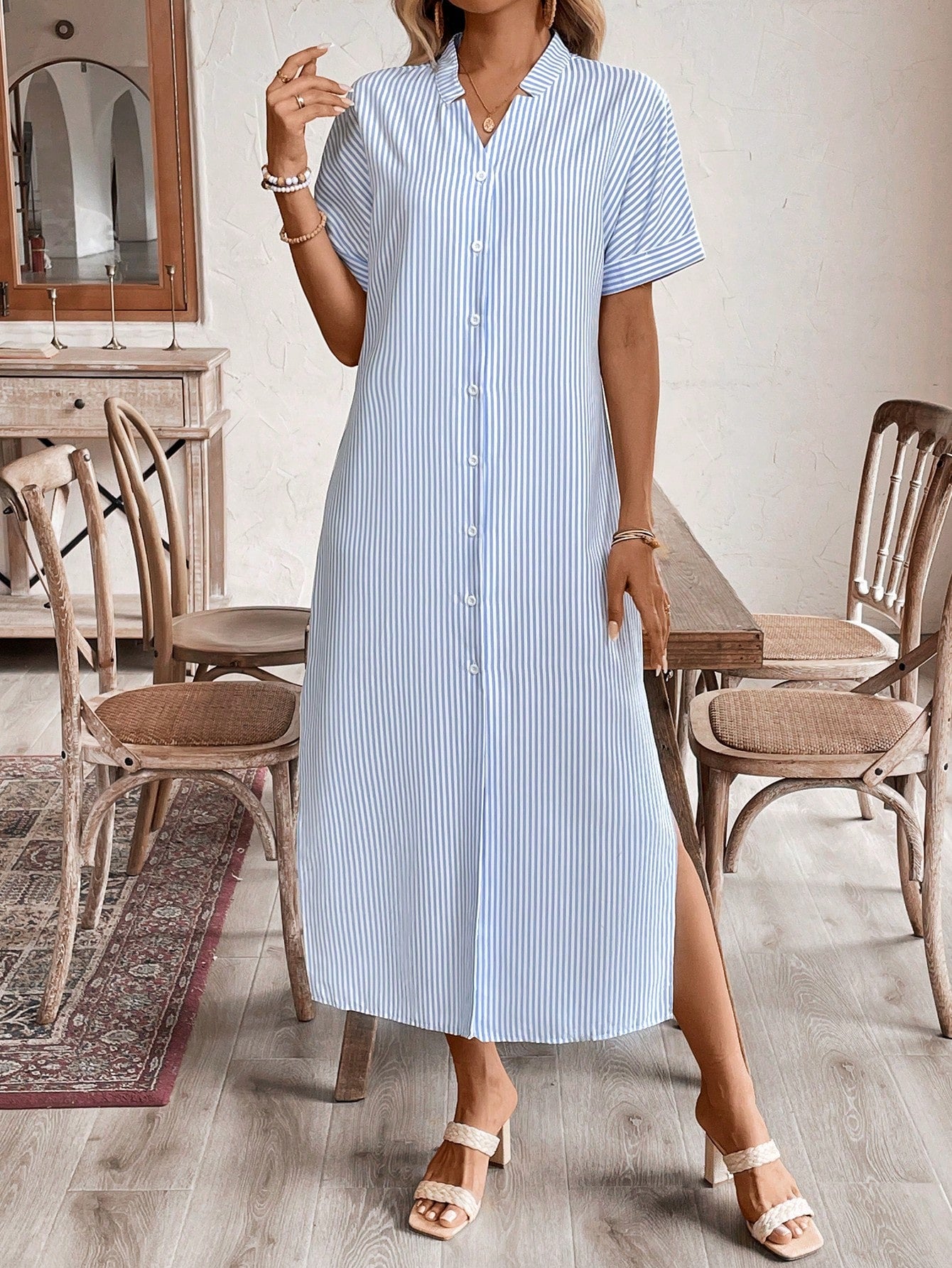 Women'S Solid Color Notched Collar Long Summer Dress With Front Buttons