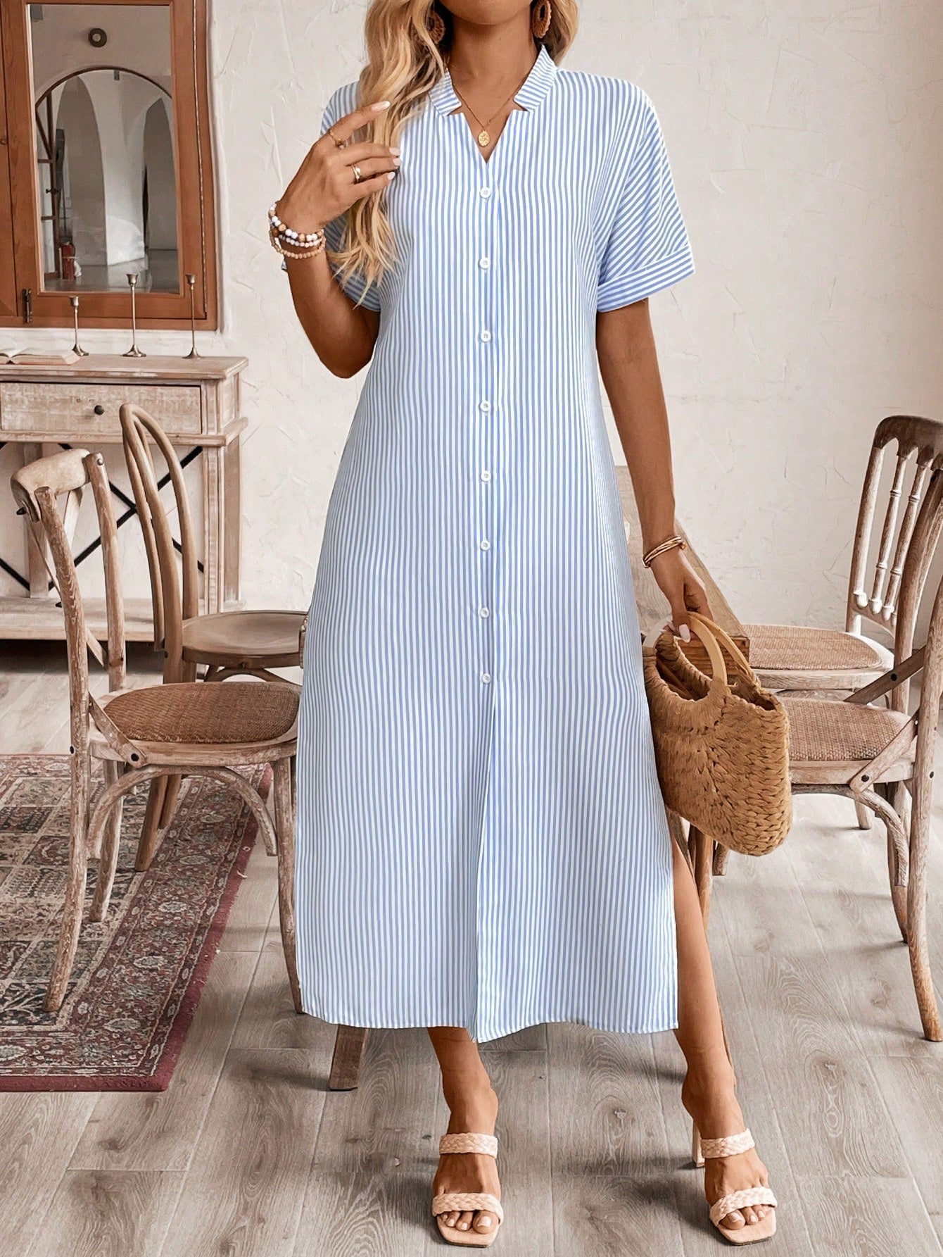 Women'S Solid Color Notched Collar Long Summer Dress With Front Buttons