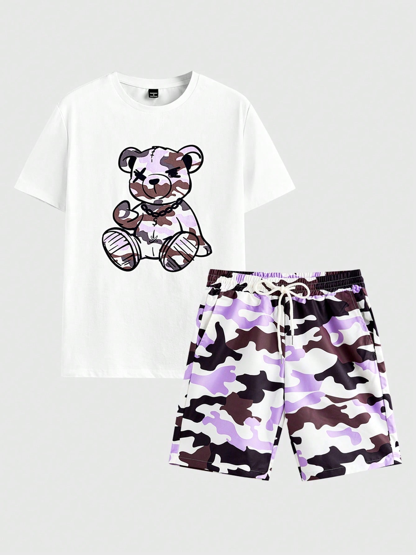 Men's Camouflage Bear Printed Short Sleeve Anime T-Shirt And Shorts Set