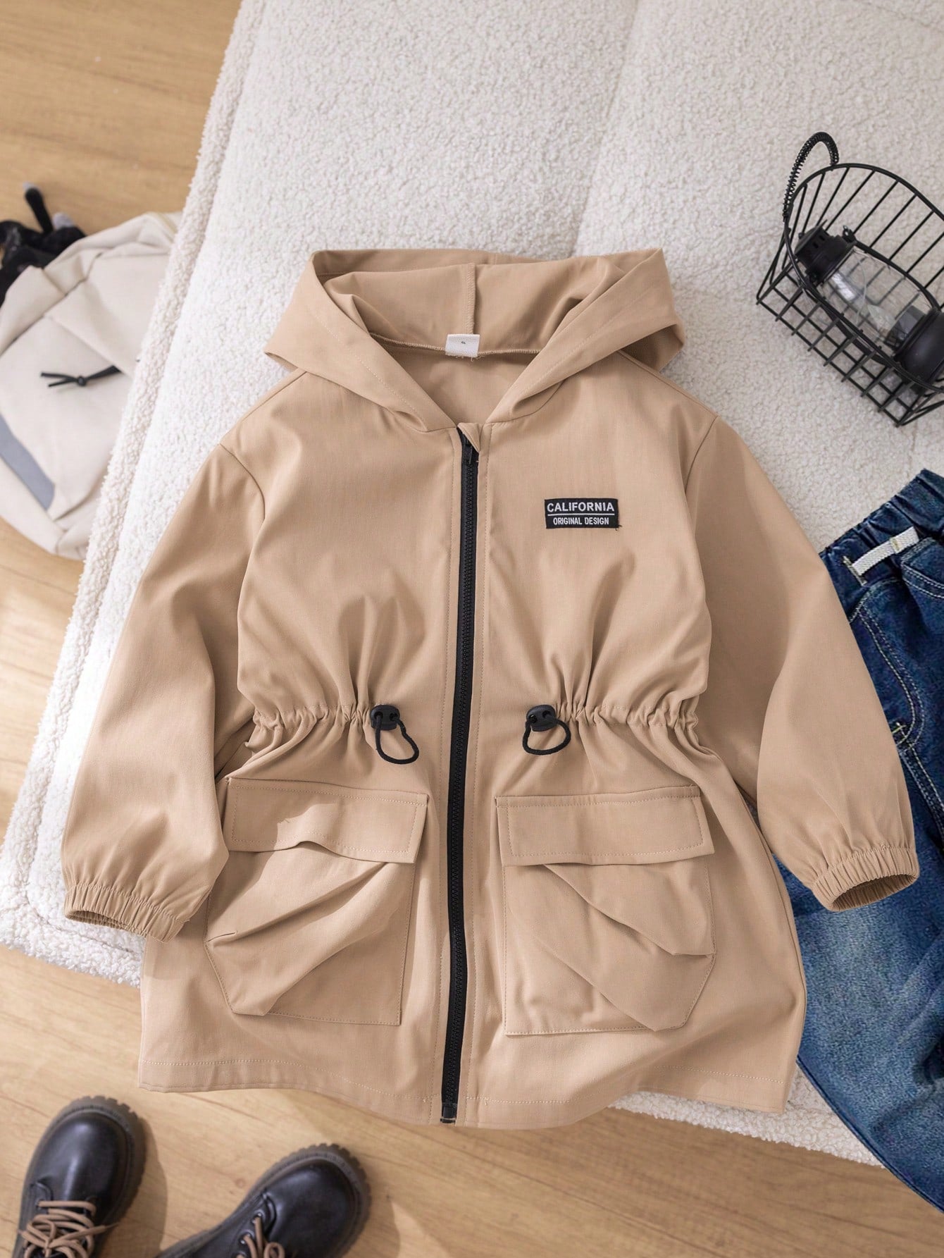 1pc Young Boys' Casual Light Hooded Long Sleeve Jacket With Waistband, Suitable For Traveling And School In Autumn And Winter