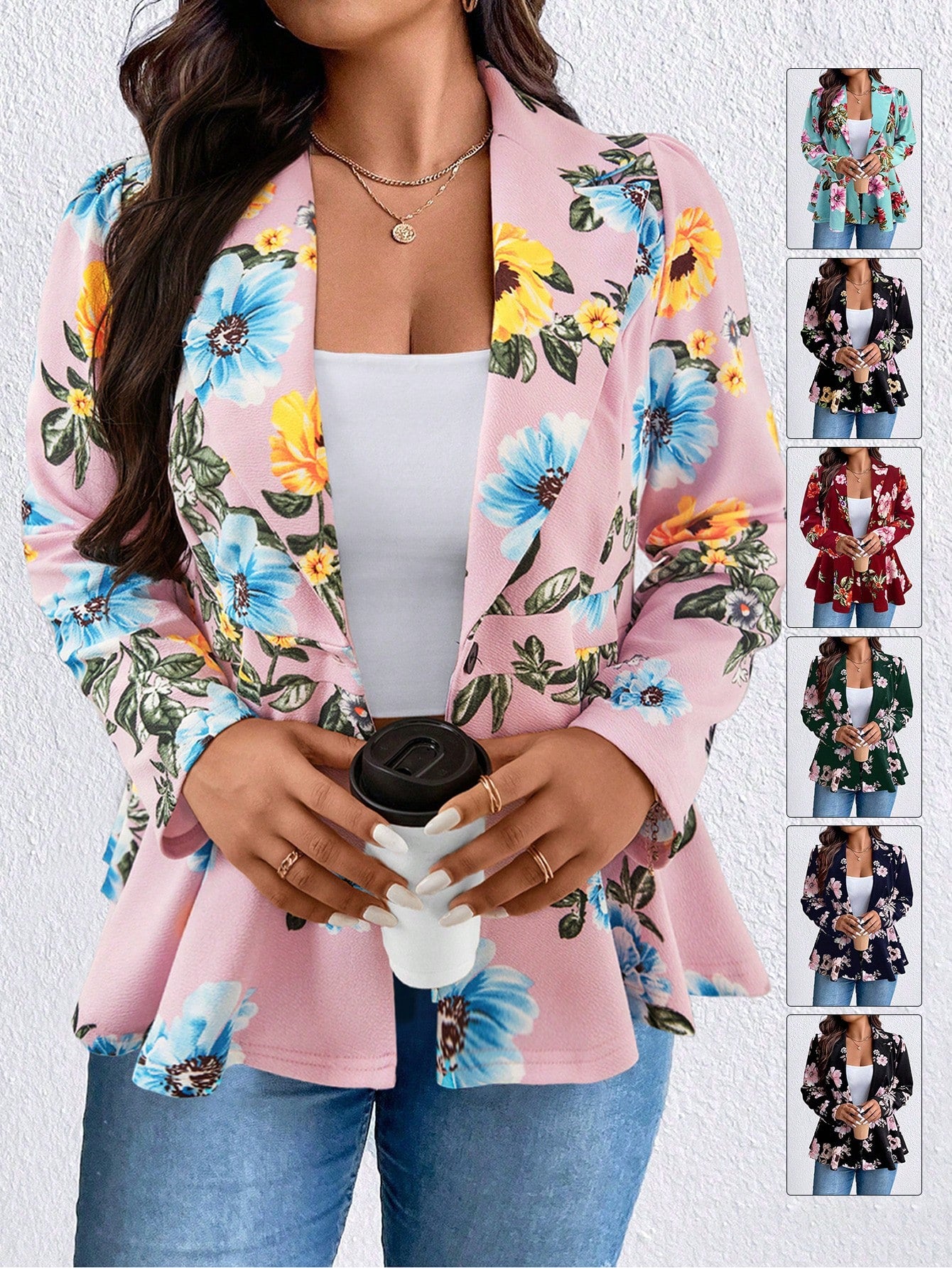 Plus Floral Print Lapel Collar Blazer