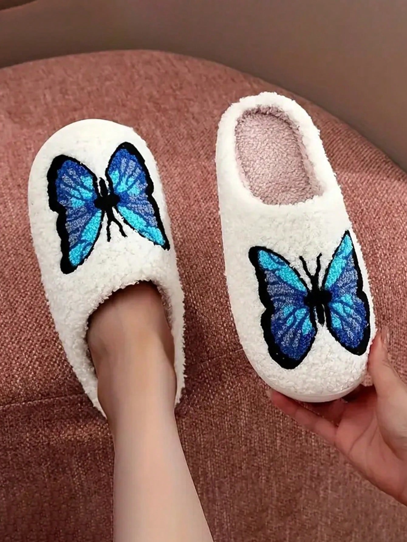 Ladies' Blue Butterfly Embroidery Warm Anti-Slip Indoor House Furry Slippers